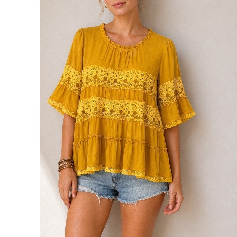Bettina Mustard Yellow Lace Boho Peasant Blouse Size M Romantic Cottagecore